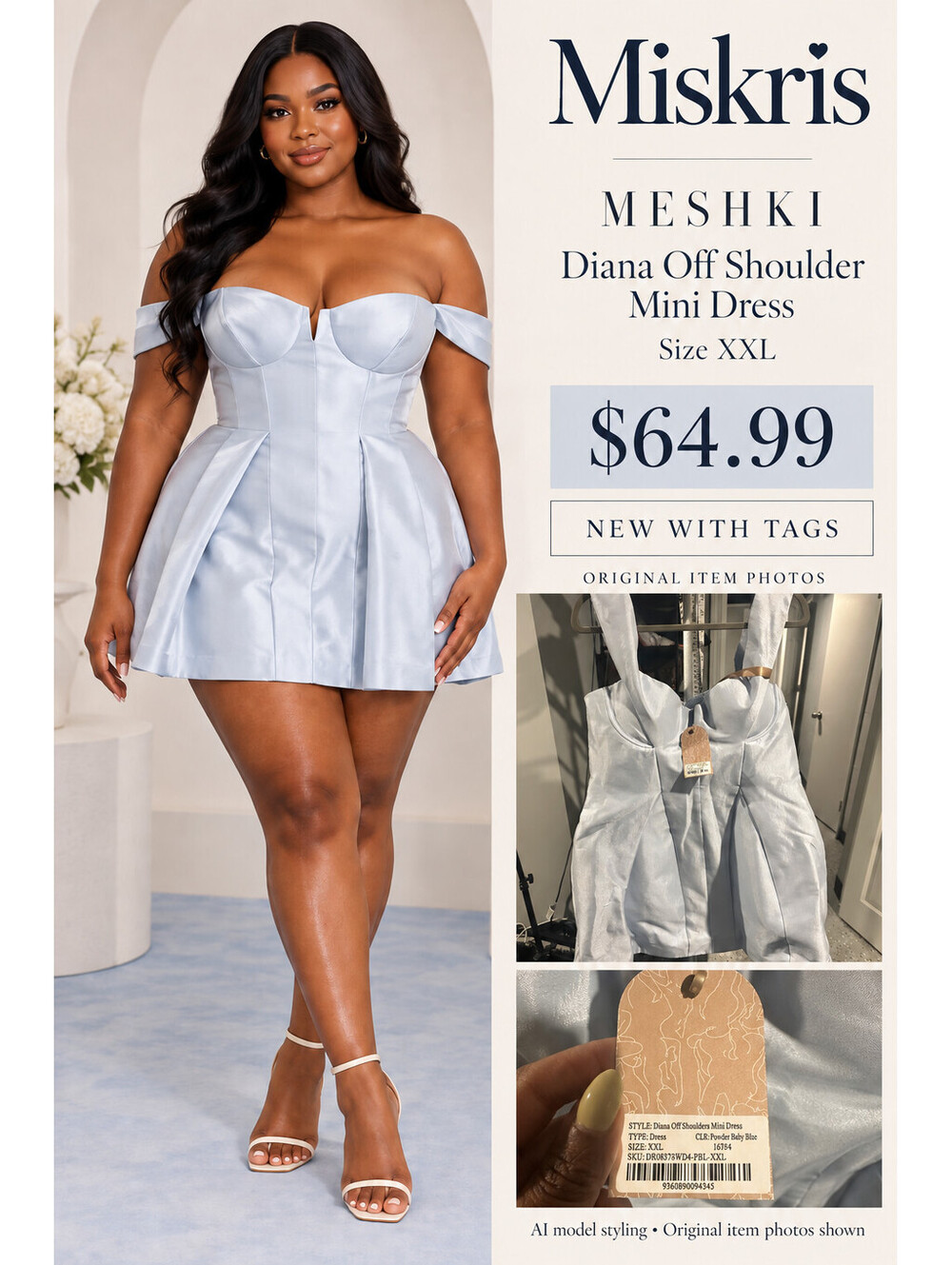 MESHKI Diana Off Shoulder Mini Dress XXL Powder Baby Blue Satin Look NWT